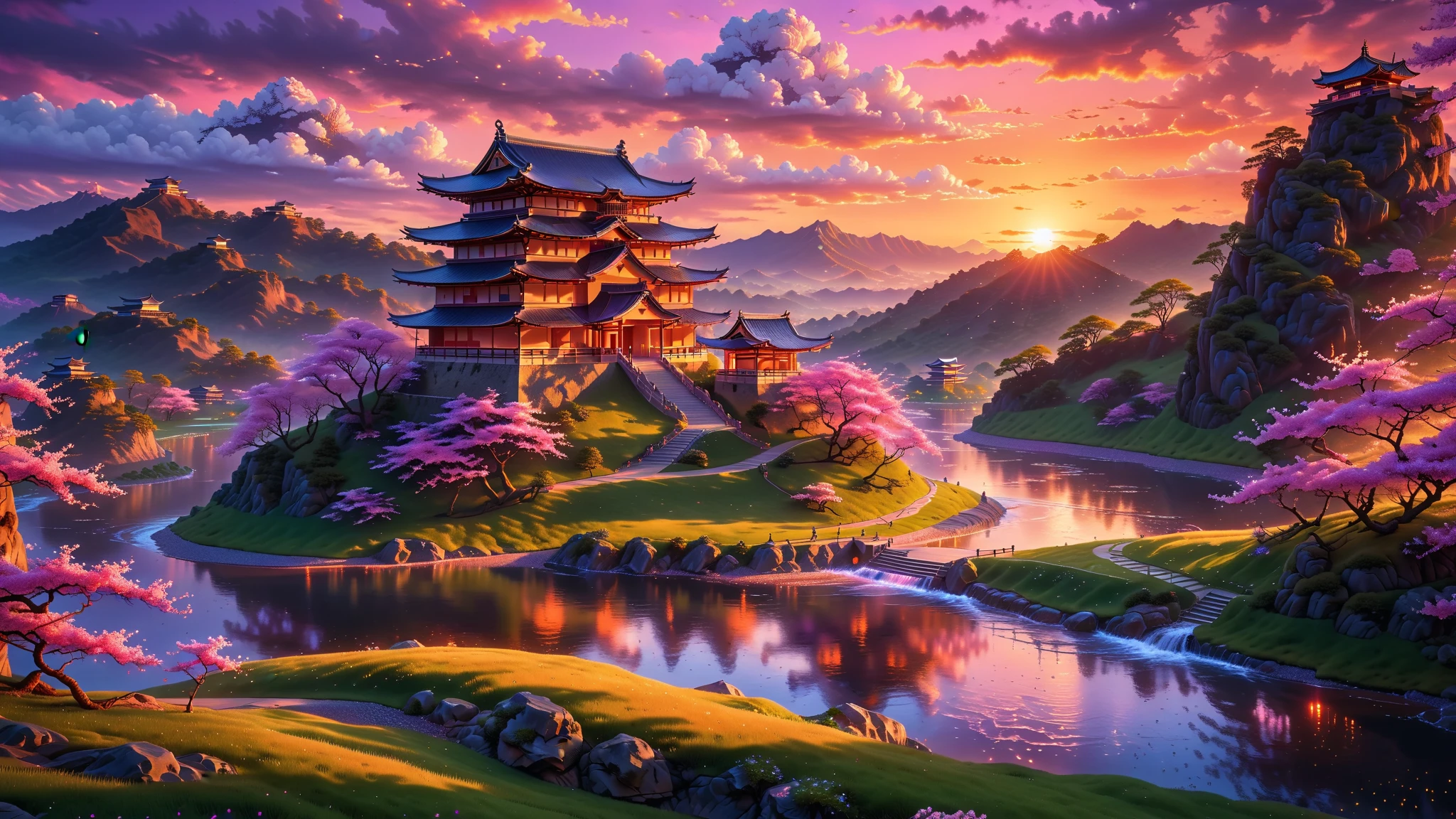 A Masterpiece In 32K Resolution, Supreme Quality, Super Detail, Official Art, Very High-Resolution 32K Wallpaper, Beautiful And Aesthetic, Ultra-Detailed Features, Awe-Inspiring Detail. A Stunning 32K Anime Depiction Of A Traditional Japanese Castle Perched On A Hilltop At Sunset. The Sky Is Painted In Vibrant Hues Of Orange, Pink, And Purple. Surrounding The Castle Are Rolling Hills Covered In Cherry Blossoms, With A River Winding Through The Landscape Below.