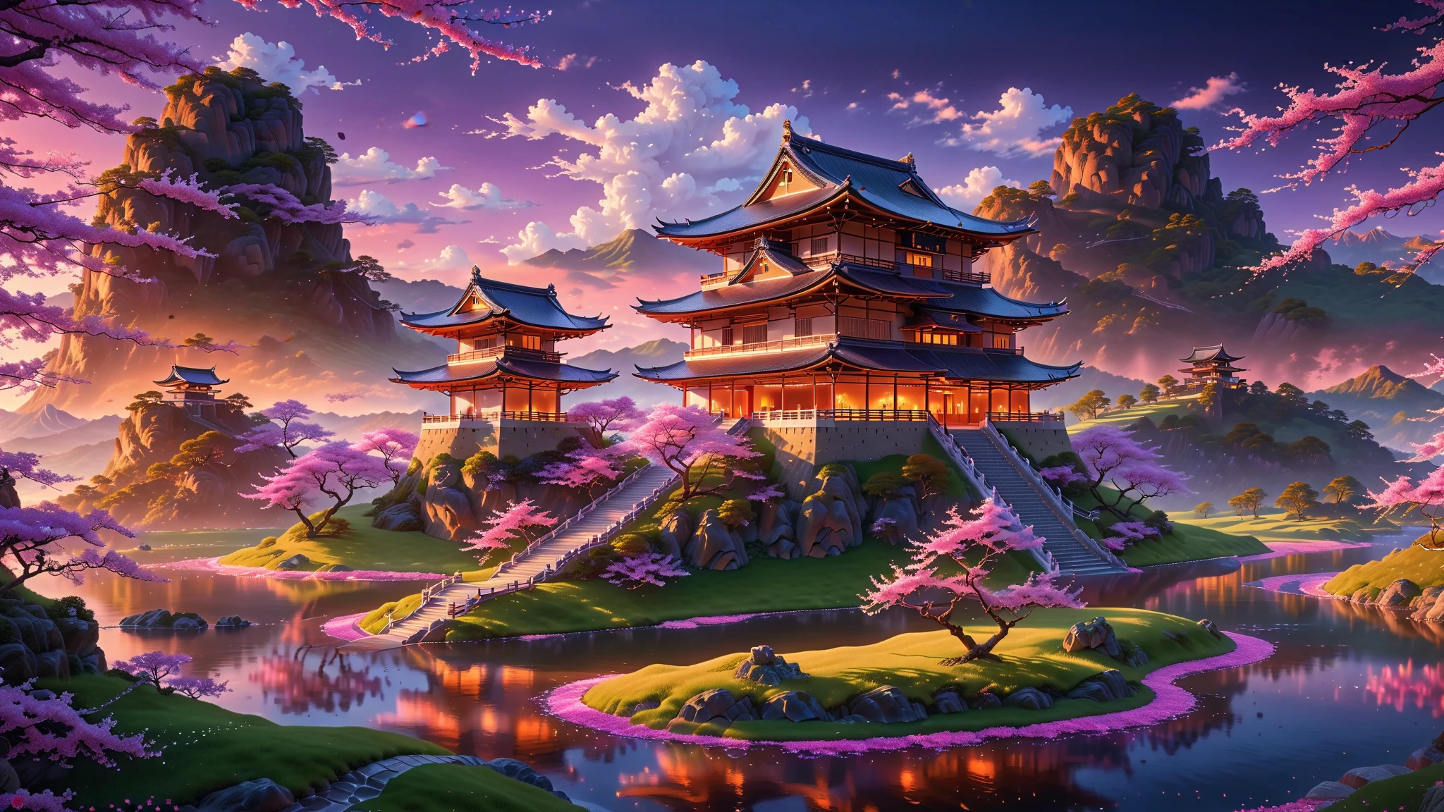 A Masterpiece In 32K Resolution, Supreme Quality, Super Detail, Official Art, Very High-Resolution 32K Wallpaper, Beautiful And Aesthetic, Ultra-Detailed Features, Awe-Inspiring Detail. A Stunning 32K Anime Depiction Of A Traditional Japanese Castle Perched On A Hilltop At Sunset. The Sky Is Painted In Vibrant Hues Of Orange, Pink, And Purple. Surrounding The Castle Are Rolling Hills Covered In Cherry Blossoms, With A River Winding Through The Landscape Below.