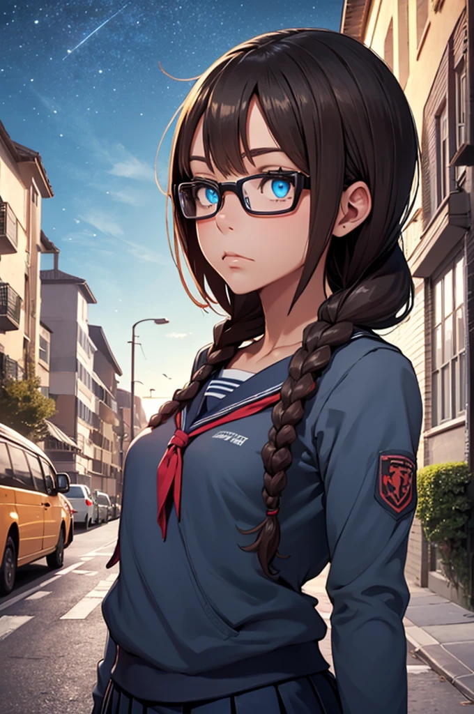  Masterpiece,  Best Quality , defSaki, Blue eyes,  twin braids ,  hair over the shoulders , glasses, blue shirt, serafuku,  long sleeves, pleated skirt, tactical vest and military helmet with night vision, ,  looking at the spectator,  arms at the sides, street, blue sky,  Closed mouth 