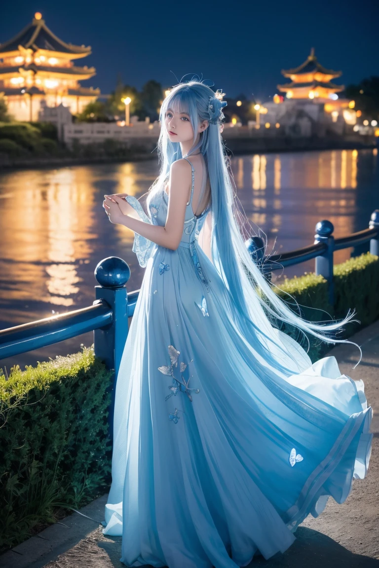 magical, lightblue hairs, teenager,blue eyes, anime, female, longhairs, tidy, long dress, fantacy,blue tone, glow blue butterfly, beautiful, blur behide, nightglow, deity, night time, chinese dress, goddess, feel lonely, fantacy land, deity land, god land, cover sholder, angle