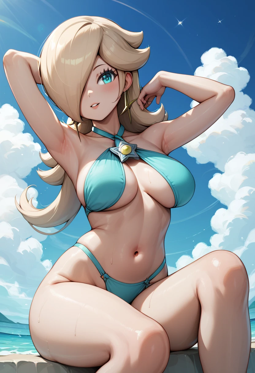 Rosalina, skyblue bikini, showing armpit, showing boobs, spreding legs