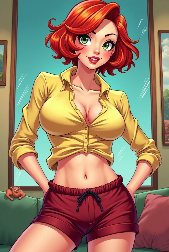 ((Masterpiece)), ((Best Quality)), Ultra High Resolution, HDR, absurderes, 8K, (1 girl), intricate details, ultra-detailed, dramatic lighting, blushing, smile, green eyes, short orange hair, bob hair, (dressed in a sweater and pink panties), in a bed, gorgeous girl, large breasts, gorgeous body, glossy skin, vivid colors, full body view, detailed illustration, detail background, shy, feminine, professional artwork, fit thighs