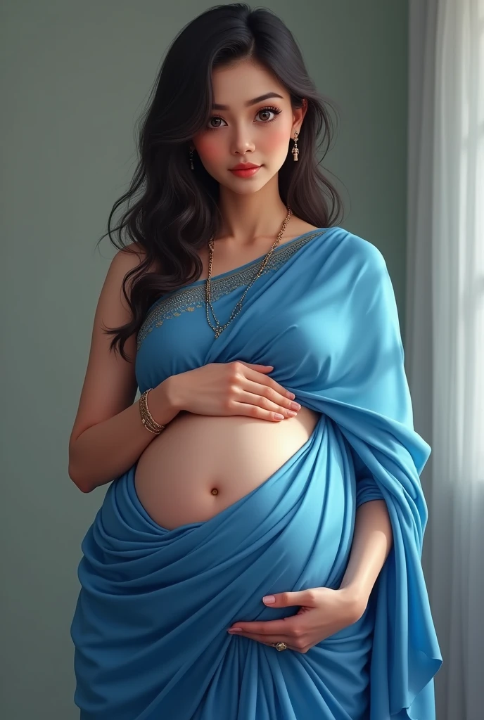 (best quality, ultra-detailed, realistic:1.37), professional, beautiful detailed eyes, beautiful detailed lips, detailed facial features, natural skin tones, perfect skin texture, delicate facial expressions, image in high resolution, realistic face, realistic skin, plain face, natural smile, highly detailed hair, 20 years, (Kiran, beautiful Indian young woman), radiates cyan bridal glamour in an exquisite Lehenga Choli adorned with intricate embroidery and ornate jewelry. The high-resolution image captures ultra-detailed realism, highlighting Kiran's captivating eyes, sitting, expressive lips, and graceful facial features, enhancing her bridal beauty. The soft lighting and floral decorations create a visually stunning representation of traditional Indian weddings and the joyous celebration of love, Beautiful background. She is heavily pregnant, her huge round pregnant belly bulges out like a basketball