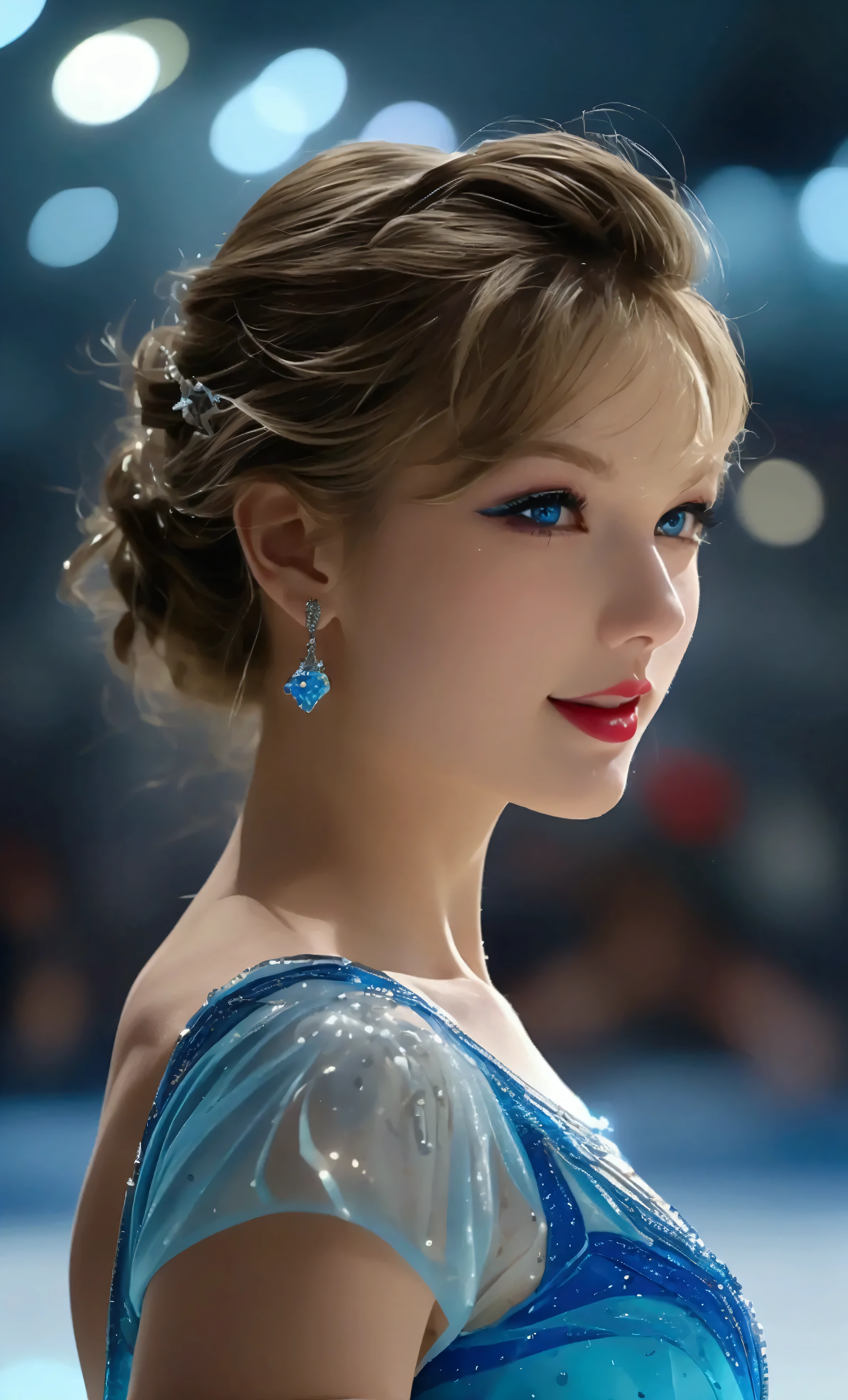  in high-definition images,masterpiece,  ice dance with female characters , The look on Taylor Swift's smiling face, Ice show venue in the background ,  Art Deco Designs, face details, Double exposure style,  Lots of Spectators 、アイスダンス in high-definition images,