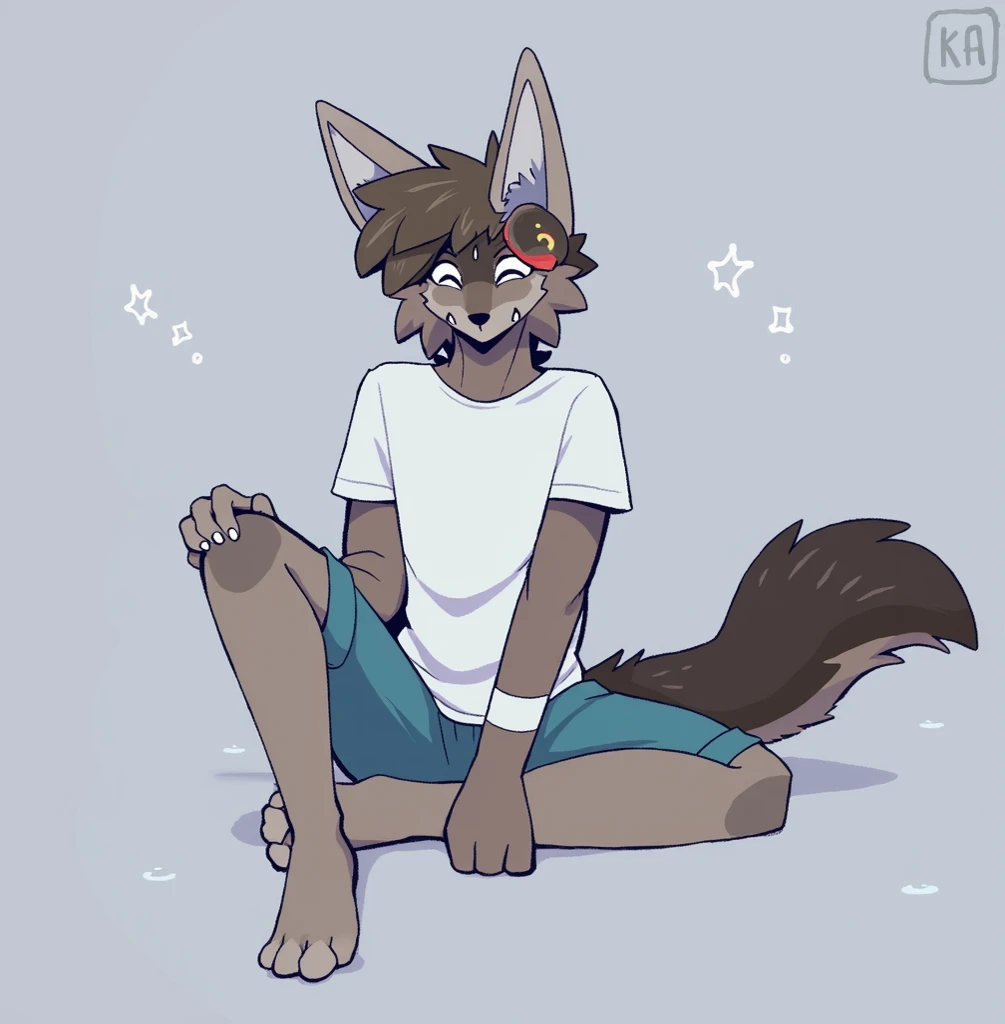 femboy, wolf boy, male, chastity shorts, flat chested, tight collar, grey fur, white feathered wings,