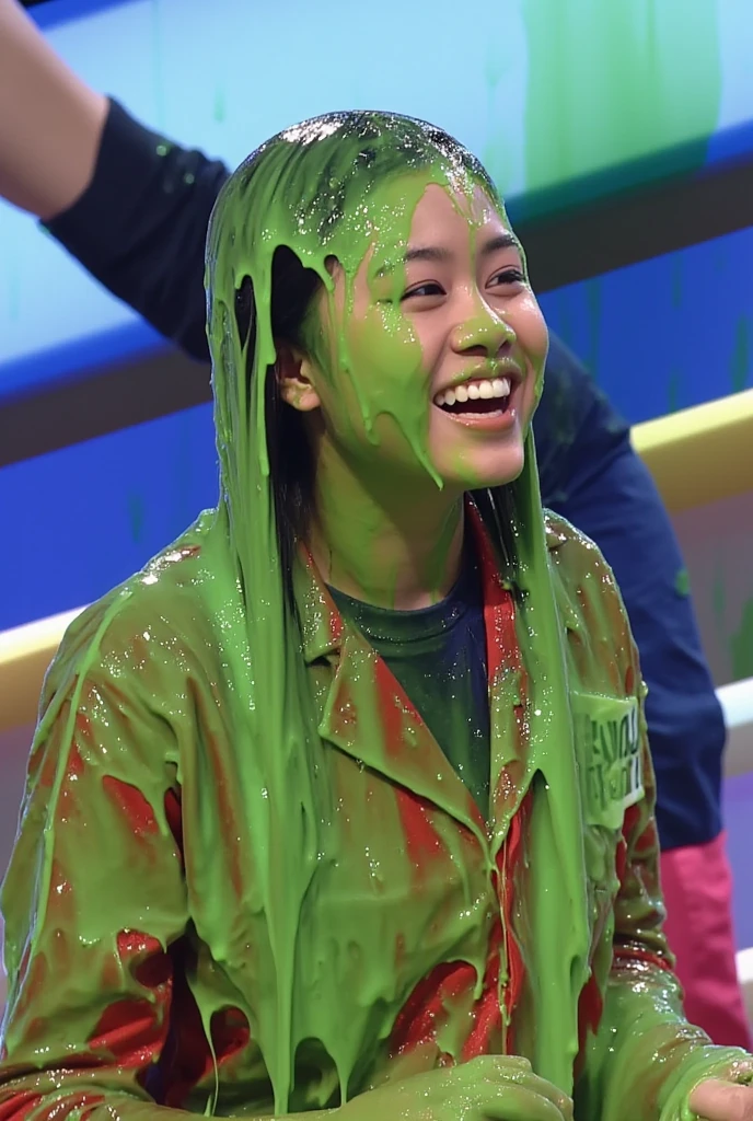 Armateur photograph of Korean woman covered in green slime. Photorealistic. Armateur photography. Glistening liquid. Green slime. Slime. Dripping green goo. Raw photo. (Korean: 1.3). Beautiful Korean woman. Korean model. Wearing red lace bra. Round face. Cleavage. Black hair. Gameshow. Winged eyeliner. 21 years old. Custard. Slight over exposure. Flash photography. Detailed skin.