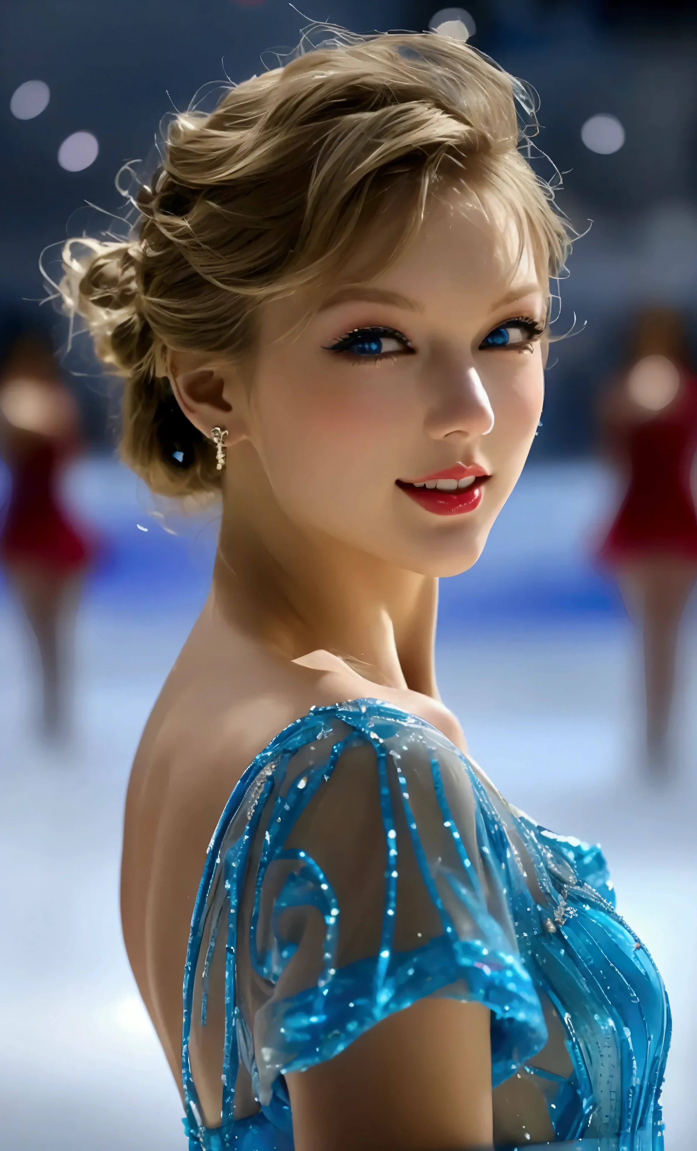  in high-definition images,masterpiece,  ice dance with female characters , The look on Taylor Swift's smiling face, Ice show venue in the background ,  Art Deco Designs, face details, Double exposure style,  Lots of Spectators 、アイスダンス in high-definition images,