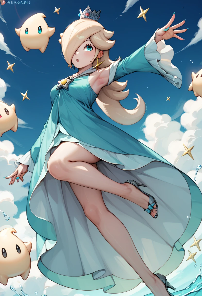 Rosalina, skyblue nigth dress ,showing armpit, showing boobs, showing leg, silver crown shwoing arms, bue nails