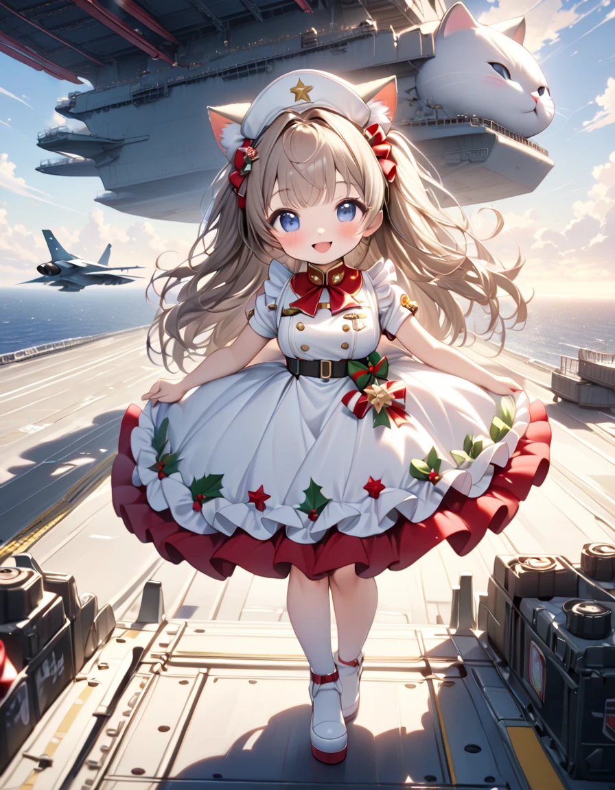 (masterpiece, ultra-detailed, best quality, clear focus, dramatic scene, cinematic), shadow, (ultra-high resolution, 8k), perfect anatomy, perfect face, (detailed face, detailed eye, chibi), cute Japanese chibi girl, famous Japanese chibi idol, very beautiful and cute and cool face, (wearing a gorgeously Christmas decorated very cute military white uniform with frills:1.2), (large breasts),  (She is standing on the huge aircraft carrier with a giant fat cat:1.3), (There are some fighter jets on the flight deck:1.2), the decorated Christmas gift box and the decorated Christmas trees are on the deck, gorgeously decorated with Christmas decorations, professional lighting, (detailed very cute fluffy giant cat is mewing:1.3), she looks so happy, happy smile, (she is surrounded by many fat chicks:1.2), (spectacular view of the jet blast of the fighter jet that taking off)