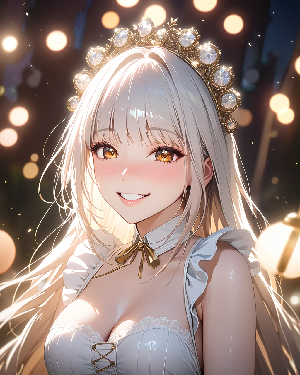 1girl, solo, FHD, Super Detail, top-quality, Very delicate, (upper body), cinematic lighting, ultra detailed, FHD, Super Detail, top-quality, Very delicate, (from above), masterpiece, best quality, dynamic angle, incredibly absurdres, high detail eyes, kawaii, tsurime, cute eyes, smile, nose blush, teasing smile, full body, cute face, pov, blancrnd, white hair, very long hair,  yellow eyes,  lipstick, cleavage, Cute maid costume, medium breasts, polished nails, spread arms, ((bokeh)), Modern luxury Mansion,  Kawaii pose