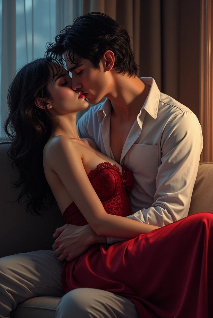 Man taking off the woman's clothes and kissing her shoulders as she throws her head back with her eyes closed., melhor qualidade, filme ainda, 1mulher,cabelos longos brancos, Vestido transparente, renda longo, e 1homem com kimono, cabelo comprido preto, ,pele branca, amor, beijando-se, quarto vermelho, na cama, Close-up, brilhante, sensual, romantico, Dark warm lighting, vermelho, skywith moonlight and reflection in the water, (Sparks: 0,7) , ((beijo)) The scene should exude an air of serenity and anticipation, inviting the viewer into a and romantic space. The key to emphasize elegance, beauty, and the allure of the studio environment while maintaining a tasteful and artistic approach.