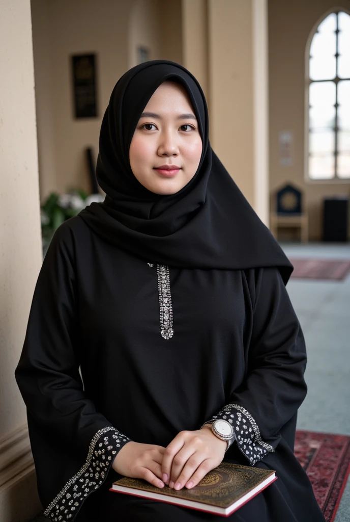 seorang pria umur 23 tahunberambut agak tebal hitam memakai pakaian muslimseoramg ibu berusia 21 tahun memakai pakaian muslim pose.duduk di kursi, dan 1 anak laki-laki umur 5 tahun sedang di pangku peria tersebut,saling merangkul potret keluarga, pakaian muslim indonesia, memakai batik warna hitam, latar belakang hitam, cahaya di belakang kelurga indonesia, ralistis, poto asli