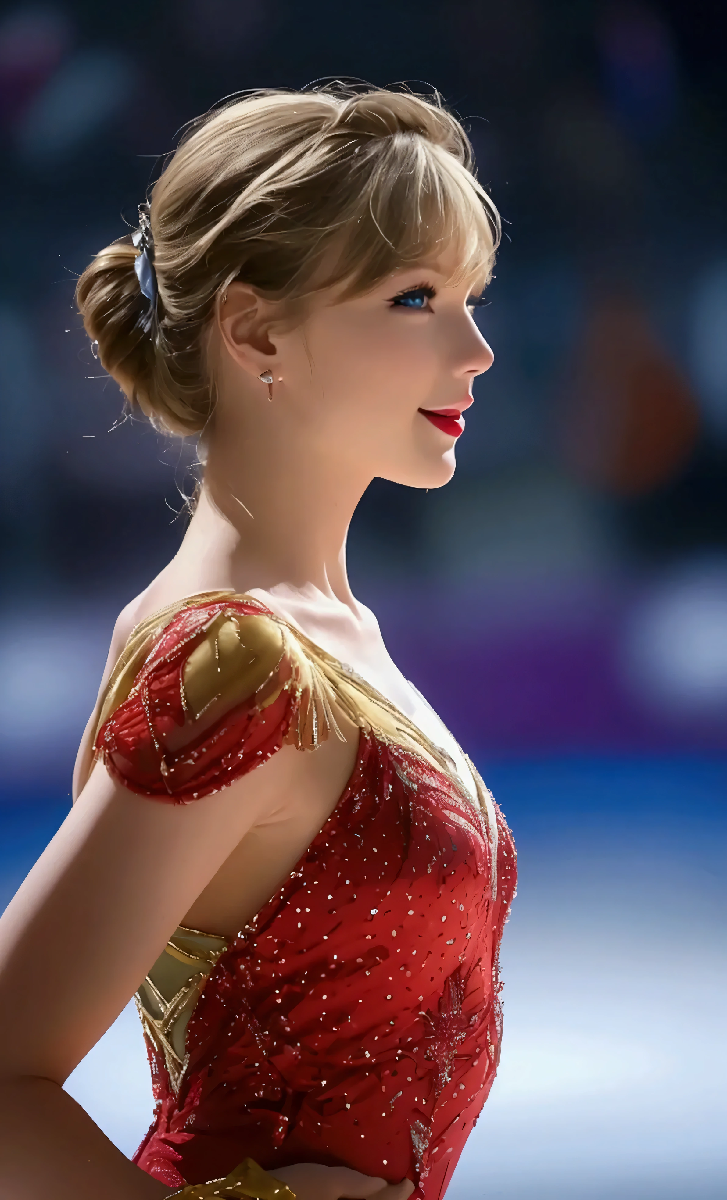  in high-definition images,masterpiece,  ice dance with female characters , The look on Taylor Swift's smiling face, Ice show venue in the background ,  Art Deco Designs, face details, Double exposure style,  Lots of Spectators 、アイスダンス in high-definition images,