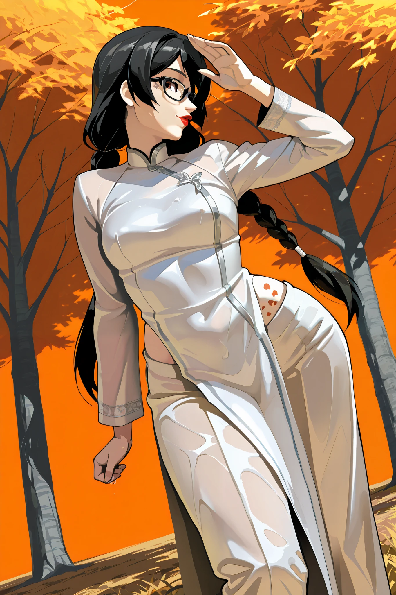 a influenser wearing Ao Dai comes in best autumn leaves season in Tokyo,(sfw), autumn but hot sunny day clear sky,
shining skin, perfect quality, high quality, masterpiece, skin texture, detailed skin, realistic skin,

18yo girl, one arm up, having some yellow leaves of gingko at chest height, 
side body rest on tree(solo), anime style cute round adorable face (thick wet red lip)
she is looks like arare-chan in real life
(correct gingko tree stem unique rough surface:1.3),
many of tall gingko trees and less maple trees
short round chin (yellow iris), soft shadow on face make her beauty, face profile. tilt head, P:
(standing contrapposto) twisting upper body to make beautifull body line,
perfect realistic skin, saggy medium breasts,
almost no trancerucency of ao dai,

simple background in the park of Japan, under huge gingkotree, Shiba kouen, Tokyo tower on back ground lergesize on screen
leaves of gingko on the ground, falling gingko leaves flying on wind,
(hard diffused spotlighting from diagonally
behind:0.7),
dutch_angle, 
(girl covered with dark shadow of trees:1.3)
(low contrast on skin, low brightness on skin:1.3)
(low highlight on skin:1.3 )(scope of eyes to 2 nipples in the frame),
looking at viewer,
narrow sloping shoulders
long glossy black hair very long pigtails twin braid wearing glasses 3part of bangs, 
(oily skin:0.7) (low contrast on skin, low brightness on skin:1.3)
(traditional cutting silky long sleeves white ao dai with white glitter embroidery around fore body),
raglan sleeve ao dai
right side open design
skin of side belly, white silky long pants as set of ao dai,
pelvic curtain slightly floating by zephyr,
from below, (side portrait:1.3),autumn grass, red maple leaves far away,
set white balance as 5600k on middle tone of skin
under knee out of the frame,
volumetric shadow on breasts, zephyr on fore and back pelvic curtains of ao dai,
various mesmerize posing
(sharp lines:1.3)
various colors of ao dai for matching with the background
zPDXL3