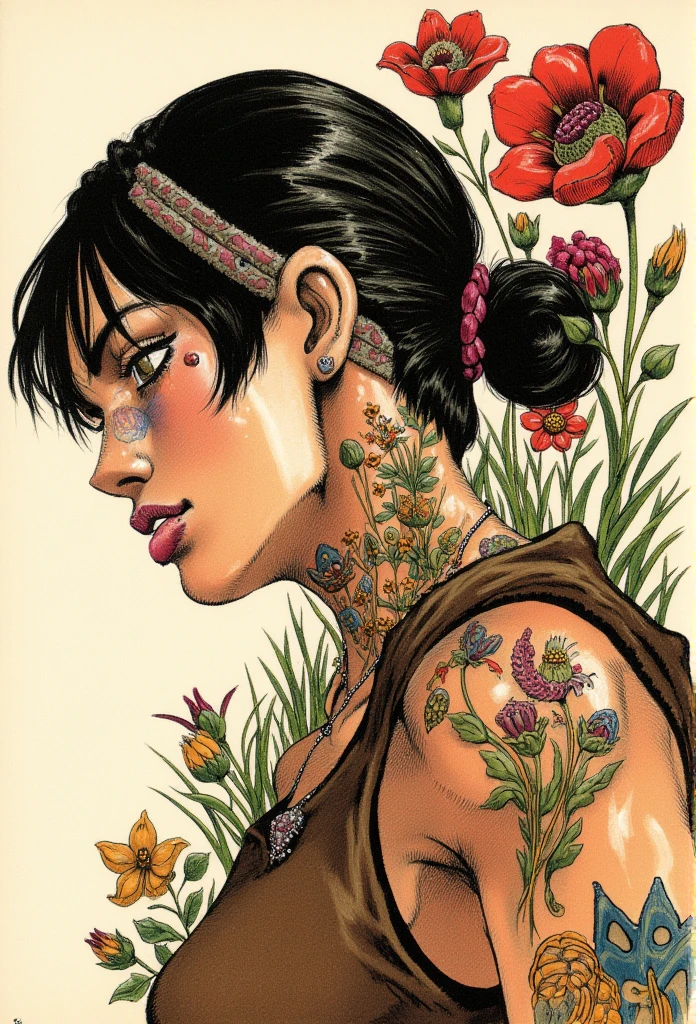 In a strikingly intricate traditional art style reminiscent of Hirohiko Araki, 
skin fade, black hair, skin fade hair, veins on face, eyebags  hair on the side, brown shirt, brown sleeveless shirt, bizarre pose, tattoos, whole body, full body, part 7, part 8, part 9