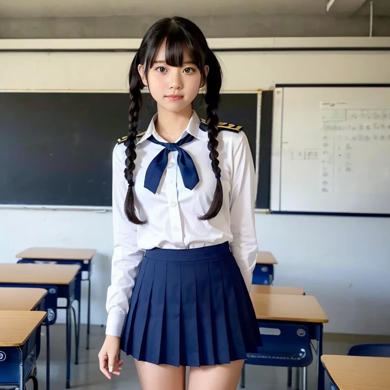 (masterpiece, highest quality:1.2), 8k, Young and beautiful girl, 85mm,Official AR RAW Photos, Baby Face, photo shoot, full-body shot, Cute face, Thighs, in the classroom, Looking at the audience, Embarrassing, smile, No makeup, chromatic aberration, Sharp focus, Face Light, 10 generations, Detailed face, ((((((12-year-old)))))), Narrow waist, Sailor suit, Navy black mini skirt, white bra, white tiny panties, Cute printed underwear,