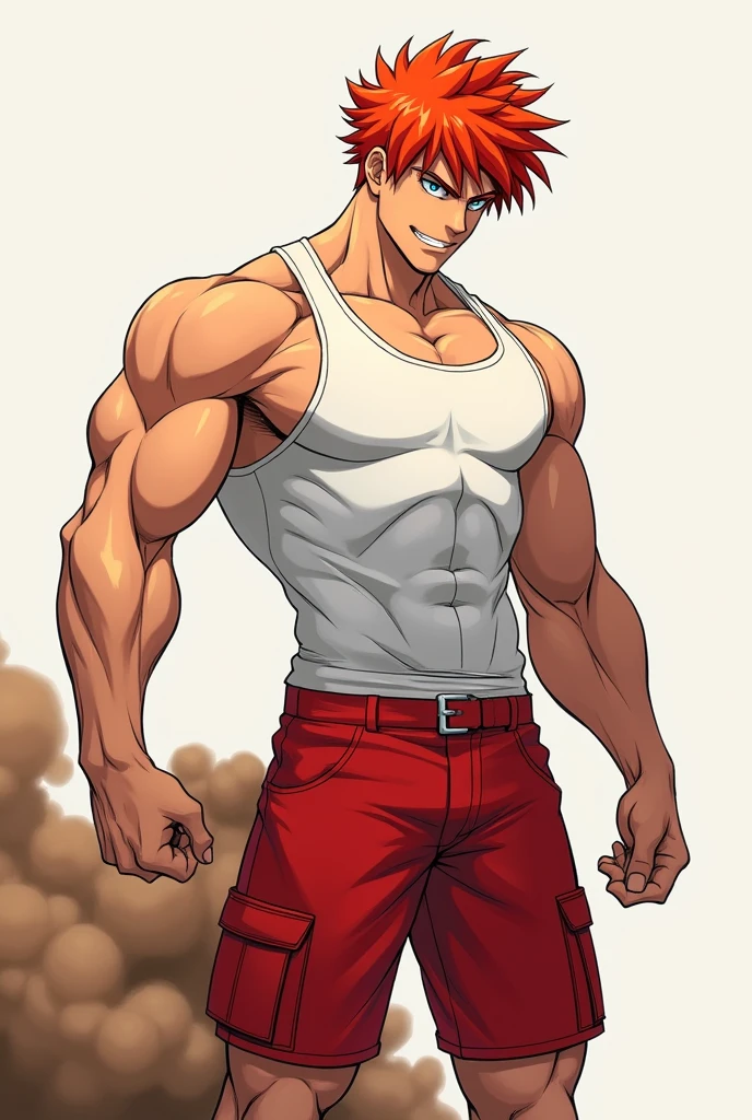 Make a robust boy with muscles and cinnamon skin with red hair Also 2d anime style of baki He is the son of Yujiro Hanma, he also has many scars and muscular training, he has a fighting suit