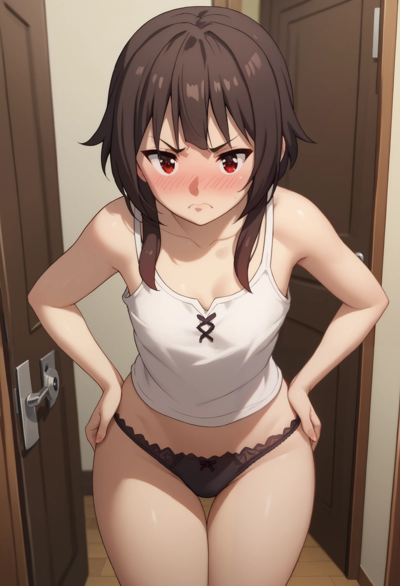 Megumin, 1girl, solo, breasts, short hair, brown hair, red eyes, ((tanktop)), standing up, panties, thick thighs, hands on waist, blush, dooway, (blushing), angry, bedroom, at the door, bed, short,  over, leaning forward, (close up), side