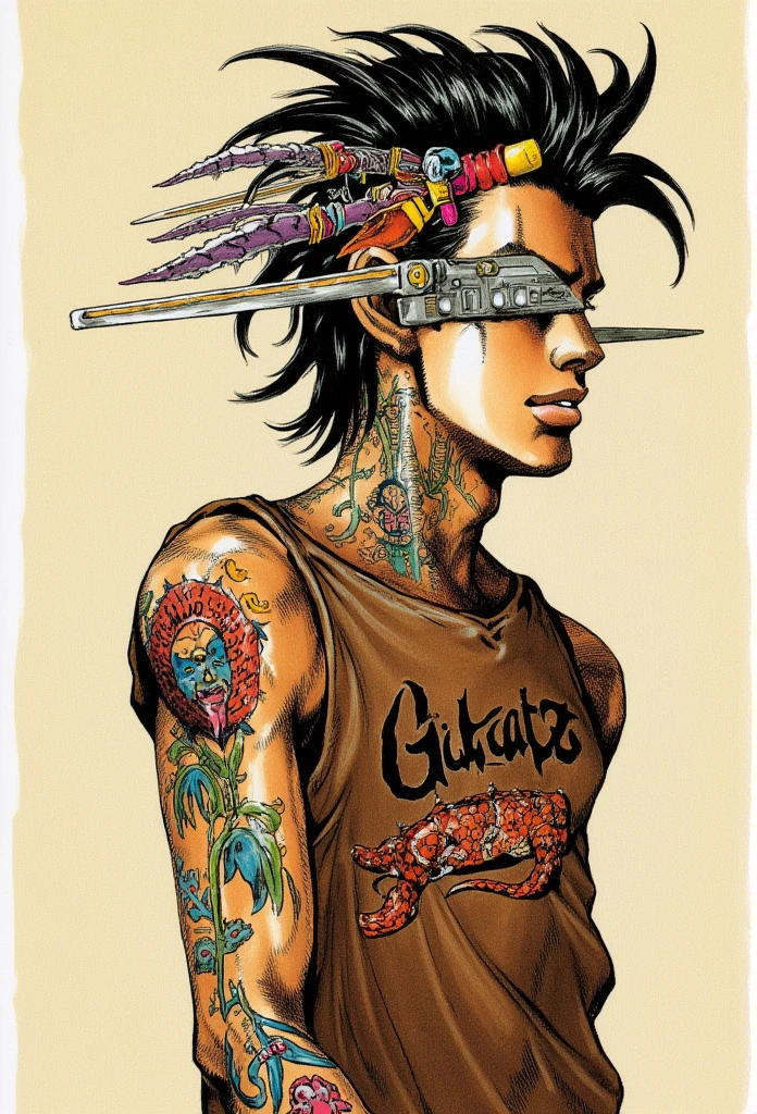 In a strikingly intricate traditional art style reminiscent of Hirohiko Araki, 
skin fade, black hair, skin fade hair, veins on face, eyebags  hair on the side, brown shirt, brown sleeveless shirt, bizarre pose, tattoos, rockstar, mohawk, whole body, full body, part 7, part 8, part 9