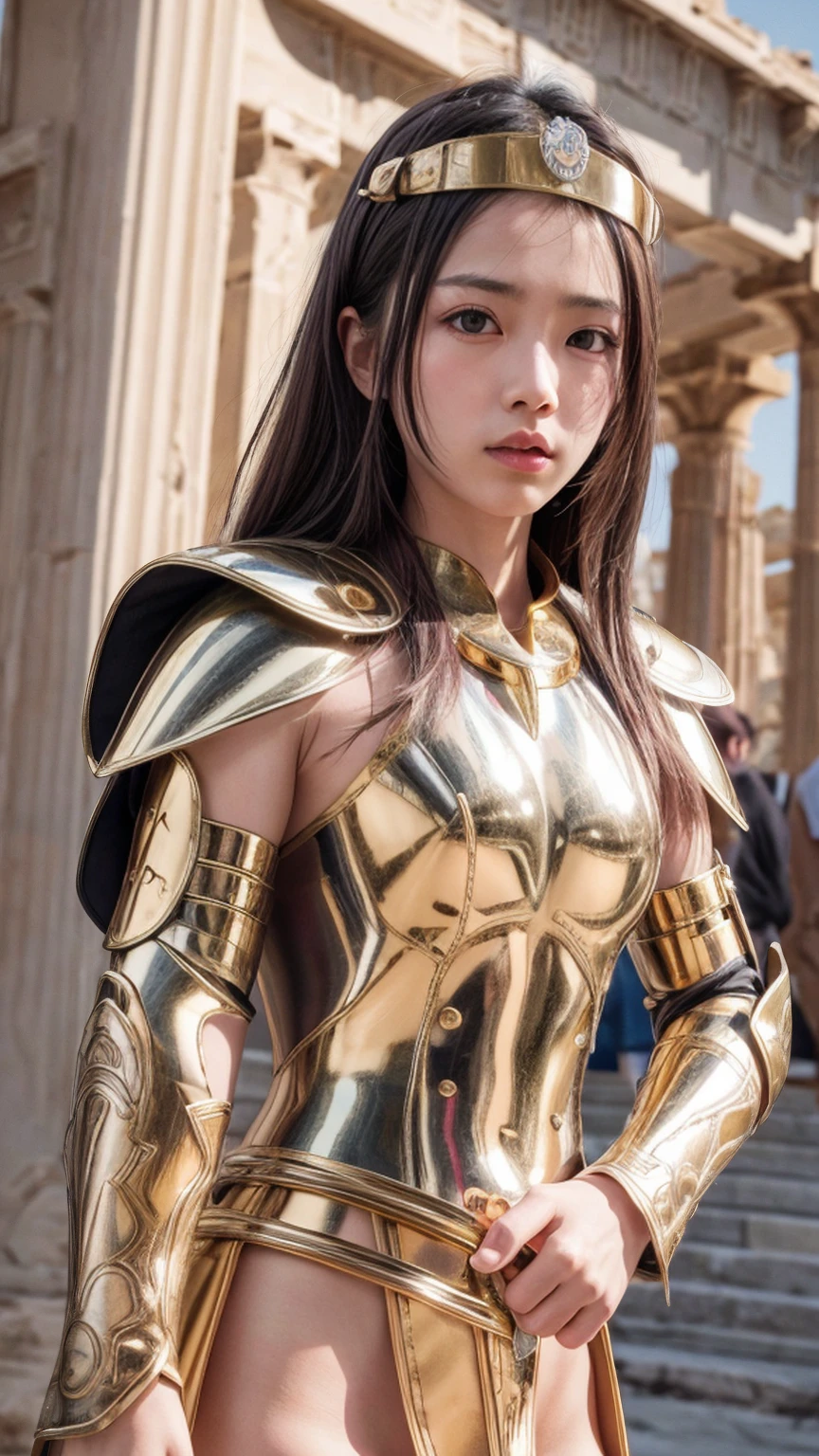  masterpiece ,  higher quality ,  very detailed, 16k,  Ultra-high resolution , cowboy shot, detailed face, Perfect fingers, 1 female, , Greece, In front of the Parthenon , Sagittarius armor, Armor, golden Armor, job, helmet, long metal job, long golden job