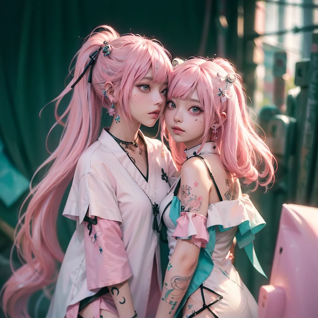 2heads, two headed girl, kawaii, age 20, kawaii fashion, curvy, cute, pink hair in pigtails, realistic, Irish,