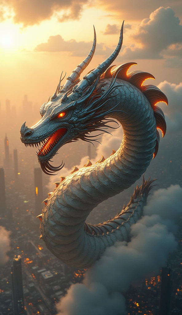 Cloud that looks like a Chinese Dragon illuminated by the rays of the setting sun