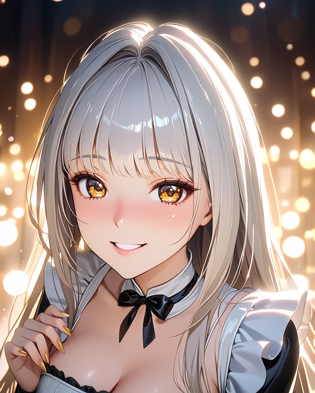 1girl, solo, FHD, Super Detail, top-quality, Very delicate, (upper body), cinematic lighting, ultra detailed, FHD, Super Detail, top-quality, Very delicate, (from above), masterpiece, best quality, dynamic angle, incredibly absurdres, high detail eyes, kawaii, tsurime, cute eyes, smile, nose blush, teasing smile, full body, cute face, pov, blancrnd, white hair, very long hair,  hair intakes, bangs, yellow eyes,  lipstick, cleavage, Cute maid costume, medium breasts, polished nails, spread arms, ((bokeh)), Modern luxury Mansion,  Kawaii pose