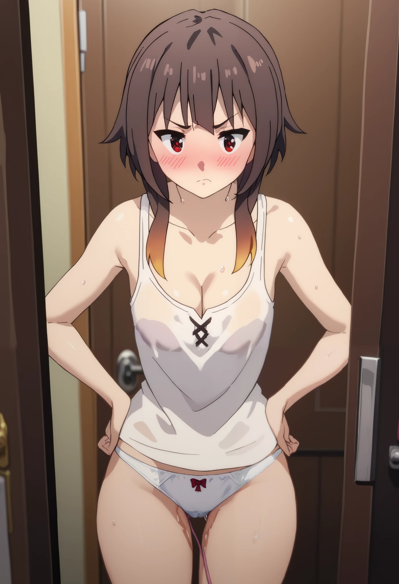 Megumin, 1girl, solo, breasts, short hair, brown hair, red eyes, ((white tanktop)), standing up, panties, thick thighs, hands on waist, ((blush)), dooway, annoyed, messy bedroom, messy bed, bend over, leaning forward, ((close up)), cleavage, ((doorway)), ((wet panties)), ((vibrator under clothes), ((light headed)), (((ashamed))), (((wet inner thigh))), 3/4 profile