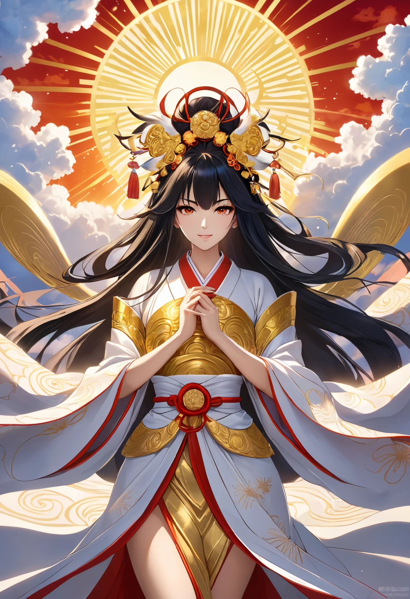 The supreme god of goddesses, Amaterasu Omikami,  Japan's supreme god , The ultimate beauty,  beautiful face, Gold powder is emanating from the body,  top quality,  high definition ,  high image quality, 16k, masterpiece, whole body,  backgrounds, Sun,  Fantastic Clouds , 