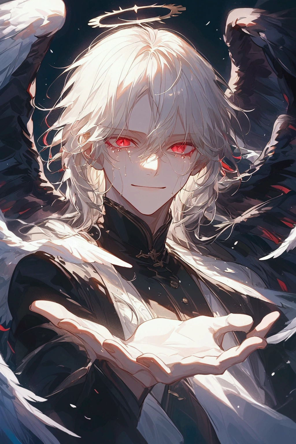 (outrageous, high-resolution, ultra-precise), (male), white hair, (male), flying soft black feathers, angels, red eyes, black clothes, black wings, tears, smiling eyes, 2 wings