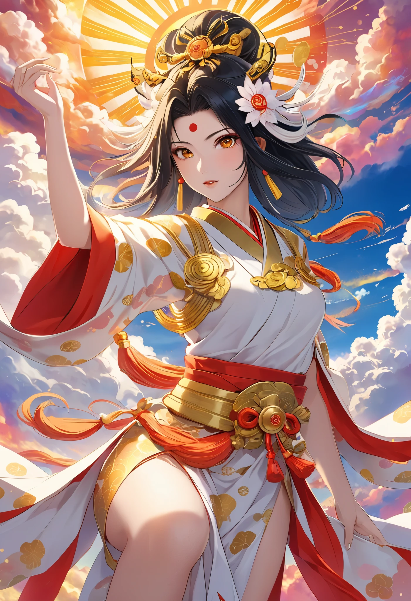 The supreme god of goddesses, Amaterasu Omikami,  Japan's supreme god , The ultimate beauty,  beautiful face, Gold powder is emanating from the body,  top quality,  high definition ,  high image quality, 16k, masterpiece, whole body,  backgrounds, Sun,  Fantastic Clouds , colorful clouds, Seven colored clouds, 