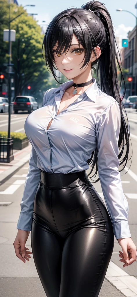 Absurd resolution, A high resolution, (tmasterpiece:1.4), ((gigantic braests)), ultra - detailed, 1girll, brown color eyes, cabelos preto e longos,Wear a police uniform and a short skirt, the city street,sexyposture, The camera is close to the body