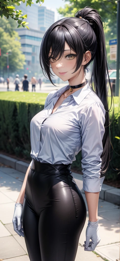 (Yaedef :1.4), 8K, highres, ultra detailed , ( Masterpiece:1.4), Best Quality , Sakuya Shirase, symmetrical body, beautiful, Alone, standing, looking at the spectator, Tender smile, long ponytail black hair, detailed face , looking at the spectator,, beautiful eyes, amber yellow eyes, choker :1.6, ( white collar shirt :1.4), long black gloves , ( shiny black leggings), Park, angled view, perfect breasts , badass anime girl , bright clothes