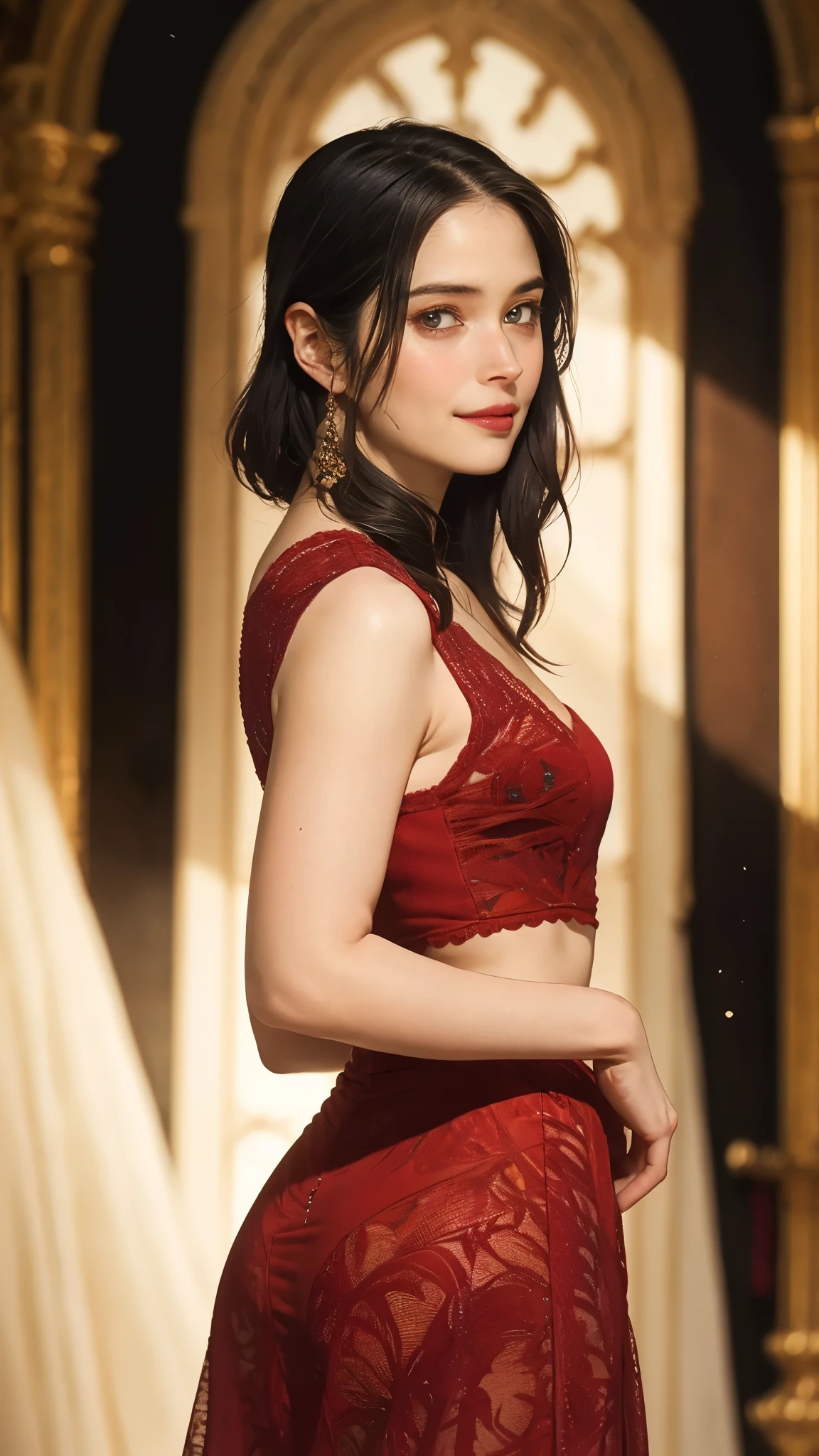 (masterpiece:1.2, best quality:1.2, extremely delicate:1.2), hirosealice, a beautiful woman with medium length black hair, flawless oval face, passionate gaze, sweet smile, perfect smille, blush, seductive expression, tall and graceful figure, perfect body, perfect skin, seductive pose, a fantasy style Flamenco dance dresses, flowing skirt, alternating red and black textures, the color scheme is primarily Black with Red accents, she gracefully performs her dance moves on the stage, this character embodies a finely crafted fantasy style Flamenco dancer, exquisite and mature art style, goddess, feminine, exquisite photography, depth of field, bokeh, photorealistic, even and soft lighting on face, dramatic, high definition, highres, ultra detailed, professional photo, perfect body proportions, anatomically correct, symmetrical face, extremely detailed eyes and face, perfect eyes, high quality eyes, creativity, RAW photo, UHD, 32k, portrait lighting, Natural light, cinematic lighting, (masterpiece-anatomy-perfect:1.2)