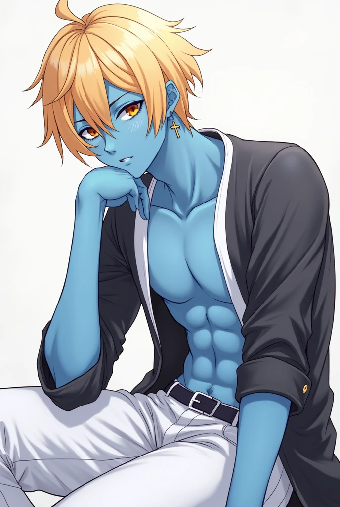 A blue haired blue skinned dragon demon with gold eyes and golden horns and pointed ears is posing in a open shirt
