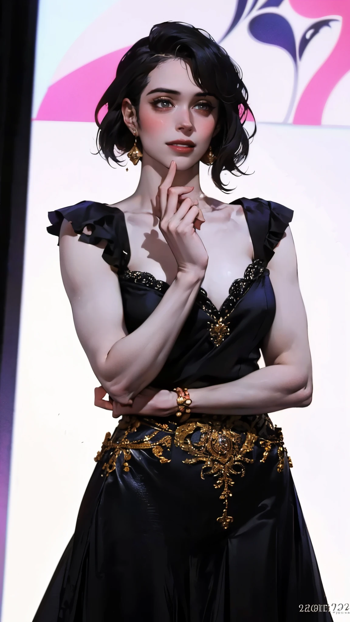 (masterpiece:1.2, best quality:1.2, extremely delicate:1.2), hirosealice, a beautiful woman with medium length black hair, flawless oval face, passionate gaze, sweet smile, perfect smille, blush, seductive expression, tall and graceful figure, perfect body, perfect skin, seductive pose, a fantasy style Flamenco dance dresses, flowing skirt, alternating red and black textures, the color scheme is primarily Black with Red accents, she gracefully performs her dance moves on the stage, this character embodies a finely crafted fantasy style Flamenco dancer, exquisite and mature art style, goddess, feminine, exquisite photography, depth of field, bokeh, photorealistic, even and soft lighting on face, dramatic, high definition, highres, ultra detailed, professional photo, perfect body proportions, anatomically correct, symmetrical face, extremely detailed eyes and face, perfect eyes, high quality eyes, creativity, RAW photo, UHD, 32k, portrait lighting, Natural light, cinematic lighting, (masterpiece-anatomy-perfect:1.2)