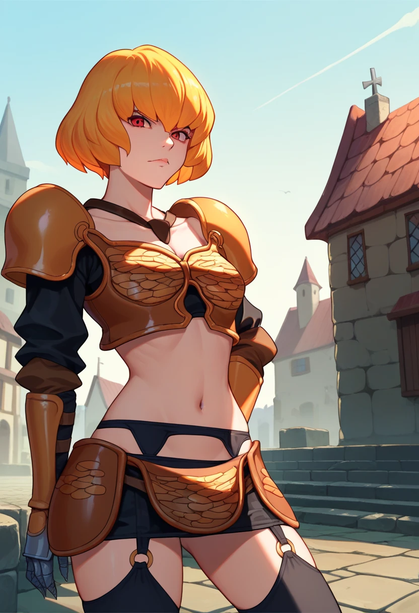 score_9, score_8_up, score_7_up,  source_Anime, Alone,  1 girl, Clementine,  Evil Smiles , looking at viewer,  standing with different breasts ,  Place Your Hands on Your Hips ,  bikini armor,  Shoulder Armor,  Shoulder Armor,  Gauntlet ,  black thigh high socks,  garter belt, midriff, belly button,  clevis on a stone,   knight ,  outdoor, Medieval town 