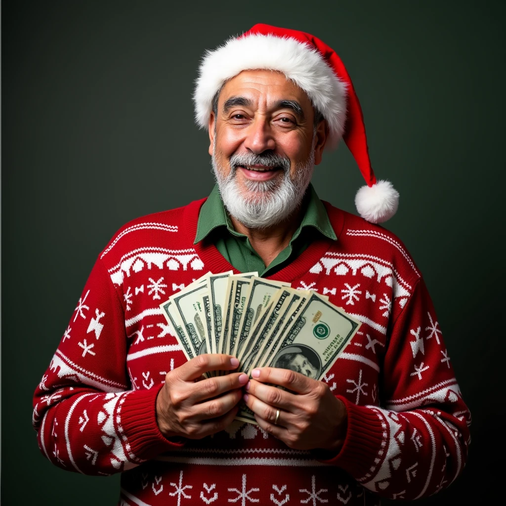 Santaclaus dressed in black suit, elves, Laundered money, a lot of money, While smoking Santa Claus, in Santa's workshop