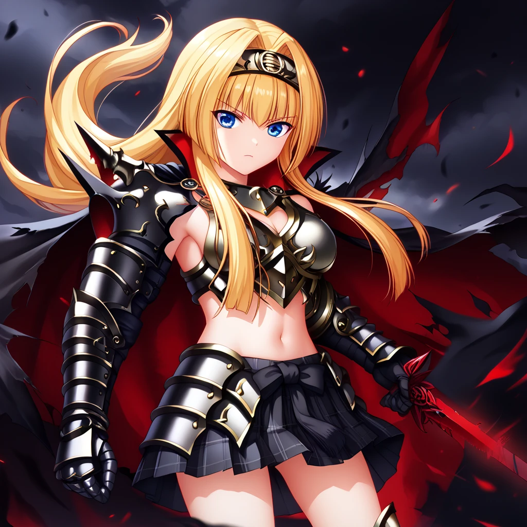 (Ashikaga Yoshiteru, black version, dark side version,),dark girl,evil, gamecg, detailed, score_7, score_8, score_9, dark face, ashikaga_yoshiteru_(sengoku_otome), blonde hair, blue eyes, long hair, breasts, armor, hairband, cape, black bow, midriff, black skirt, pleated skirt, skirt in plaid skirt,navel, gauntlets, cowboy shot, black armor, torn cape, black gauntlets, ((Darkened coloring, The armor has become sinister as it falls into darkness, Spiked Armor, dark design armor, evil design armor,  ))