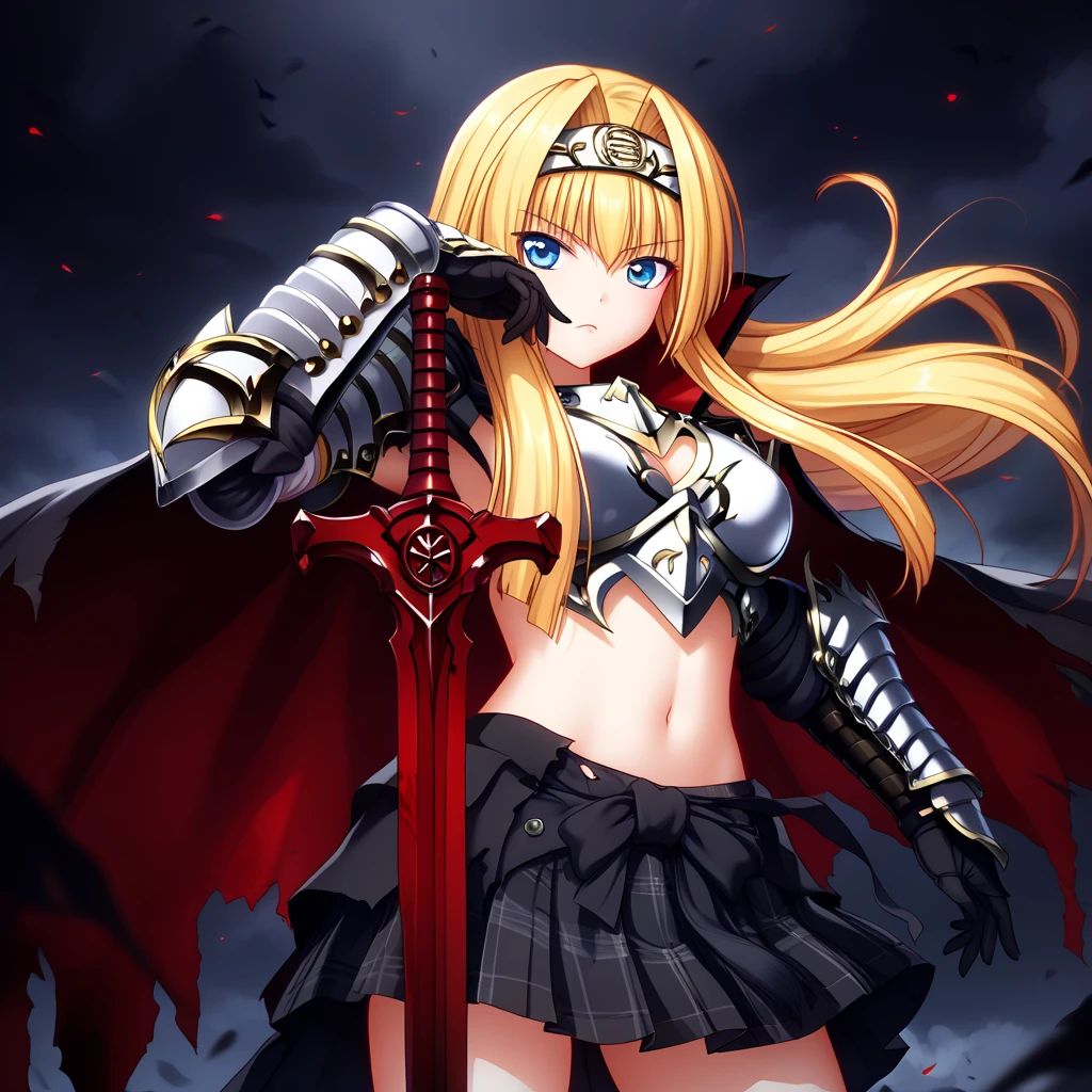 (Ashikaga Yoshiteru, black version, dark side version,),dark girl,evil, gamecg, detailed, score_7, score_8, score_9, dark face, ashikaga_yoshiteru_(sengoku_otome), blonde hair, blue eyes, long hair, breasts, armor, hairband, cape, black bow, midriff, black skirt, pleated skirt, skirt in plaid skirt,navel, gauntlets, cowboy shot, black armor, torn cape, black gauntlets, ((Darkened coloring, The armor has become sinister as it falls into darkness, Spiked Armor, dark design armor, evil design armor,  ))