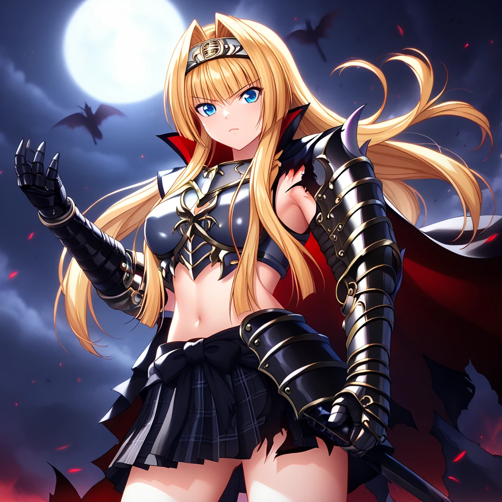 (Ashikaga Yoshiteru, black version, dark side version,),dark girl,evil, gamecg, detailed, score_7, score_8, score_9, dark face, ashikaga_yoshiteru_(sengoku_otome), blonde hair, blue eyes, long hair, breasts, armor, hairband, cape, black bow, midriff, black skirt, pleated skirt, skirt in plaid skirt,navel, gauntlets, cowboy shot, black armor, torn cape, black gauntlets, ((Darkened coloring, The armor has become sinister as it falls into darkness, Spiked Armor, dark design armor, evil design armor,  ))