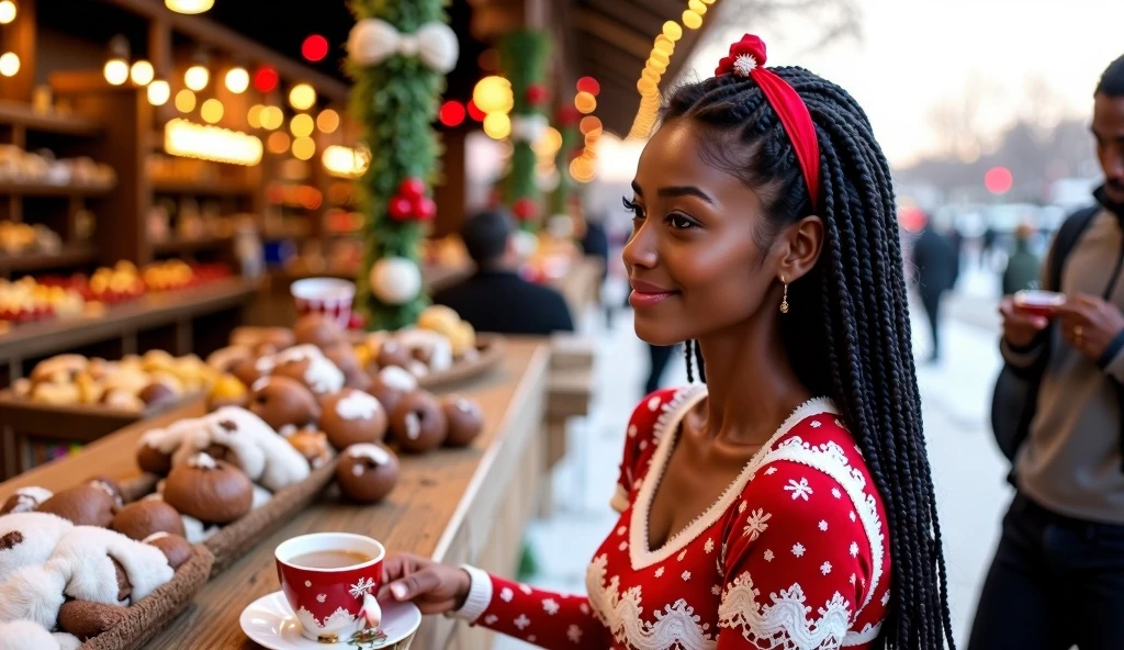 A masterpiece,  best quality , A cinematic shot of a cute African woman ,  appear to be  ,  with cute princess faces ,  extremely thin and thin bodies ,  long thin legs , very tall ,   beautiful happy smiles ,  Ultra-realistic photo ,  long black hair and shiny braided ,  wearing tight Christmas-themed dress with cutouts on her belly,  drinking hot tea at a snowy Christmas market , In the afternoon ,  sunset ,  sparkling snow in the air ,  wearing comfortable knee-length winter boots ,  full body view ,  ultra realistic and detailed faces ,  Real photo ,  playful atmosphere , 4K, Ultra HD,