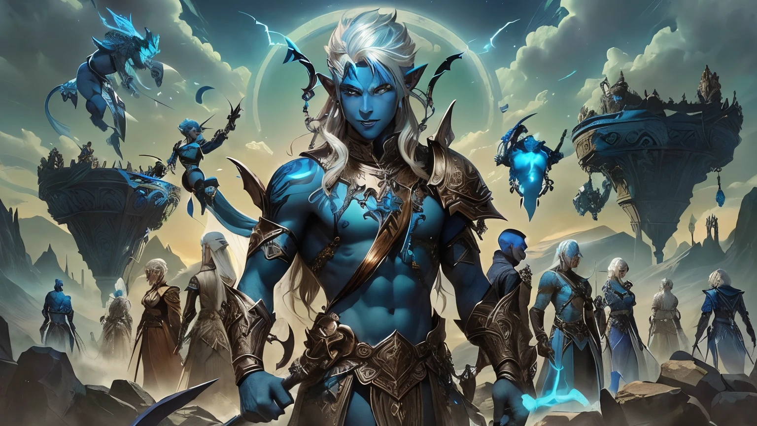 Create a blue tiefling, with one horn curved forward and the other broken, has long hair with white highlights, has a green eye while the other is red and black, has scars all over his body except his face, a bite mark on the neck and no left arm.

His clothes are loose and he wears flip-flops and a silver pendant necklace., and he has a slight smile while surrounded by good and evil spirits.