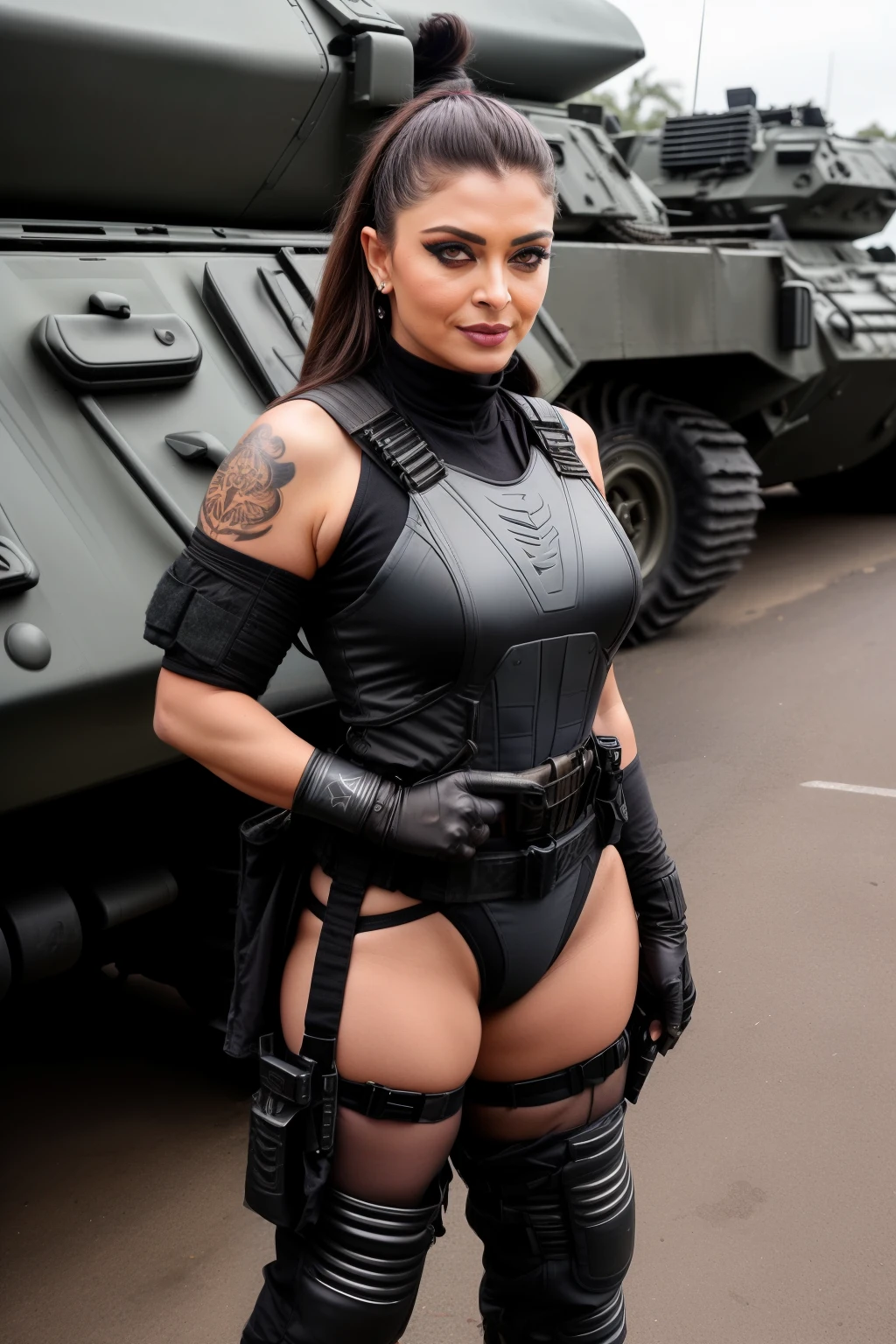 (Highest image quality, outstanding details, ultra-high resolution), 1 girl, wearing futuristic military outfit((inspired by yoga wear and outdoor mountain wear, military harness, military gears such as pouches)), (glamour body:1.2, buffed and muscular body), (a bit chubby:0.5), background military base, mild smile, dynamic pose, dramatic lighting, full body seios grandes 