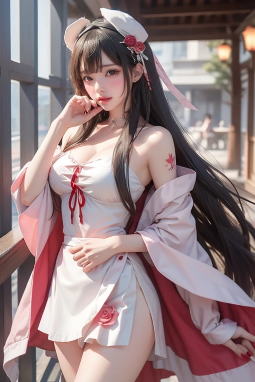 masterpiece, Best Quality, absurderes, Perfect Anatomy, Unity 8k Wallpapers,best anime,dynamic angle、action pose:Slashing、cowboy shot,20 year old beauty、boa hancock,black hair,long hair,center parted bangs,slender body,large breasts,a smile,shy look、Turn your body to the viewer、waitress,red kimono、Red pleated mini skirt、outdoor、shrine、