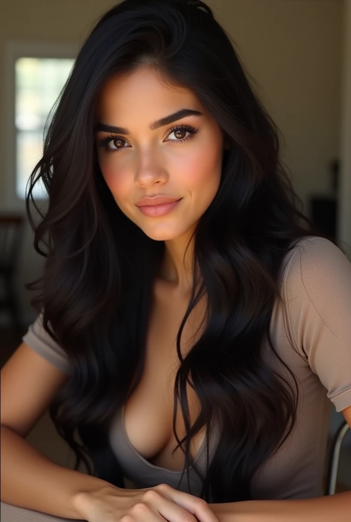 a sexy selfie of a woman with a long black hair, posing cutely inside a car , wearing a cute uzzlang inspired white top, she has cute dimples, natural lighting, she has deep blue eyes, she has a tanned skin, her makeup is bold, at home and at night, doing a sily pose, sitting, low angle selfie, she has red highlights on her hair, she has big breasts