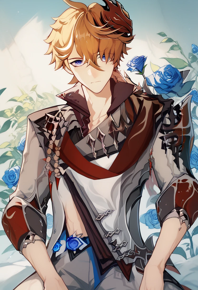 Do Genshin's tartaglia holding a rose looking confused at it the rose has to be blue and it has to show the rose well. PLEASE MAKE BOTH OF HIS EYES LOOK CONFUSED AT THE BLUE FLOWER AND DO IT WITH A CONFUSED LOOK