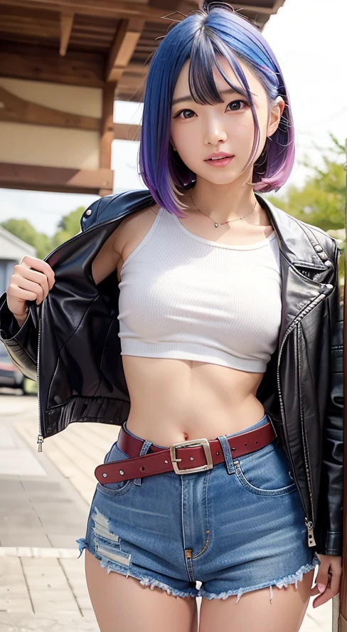    Innocent Idol Girl  （  beautiful colored hair）、 open your mouth slightly、  beautiful legs、leather jacket with screws（Shiny Red）、Cool belt、I'm wearing a thin tight t-shirt 、勃起した乳首、 small breasts、Show me your belly button、Good style、 open legs、