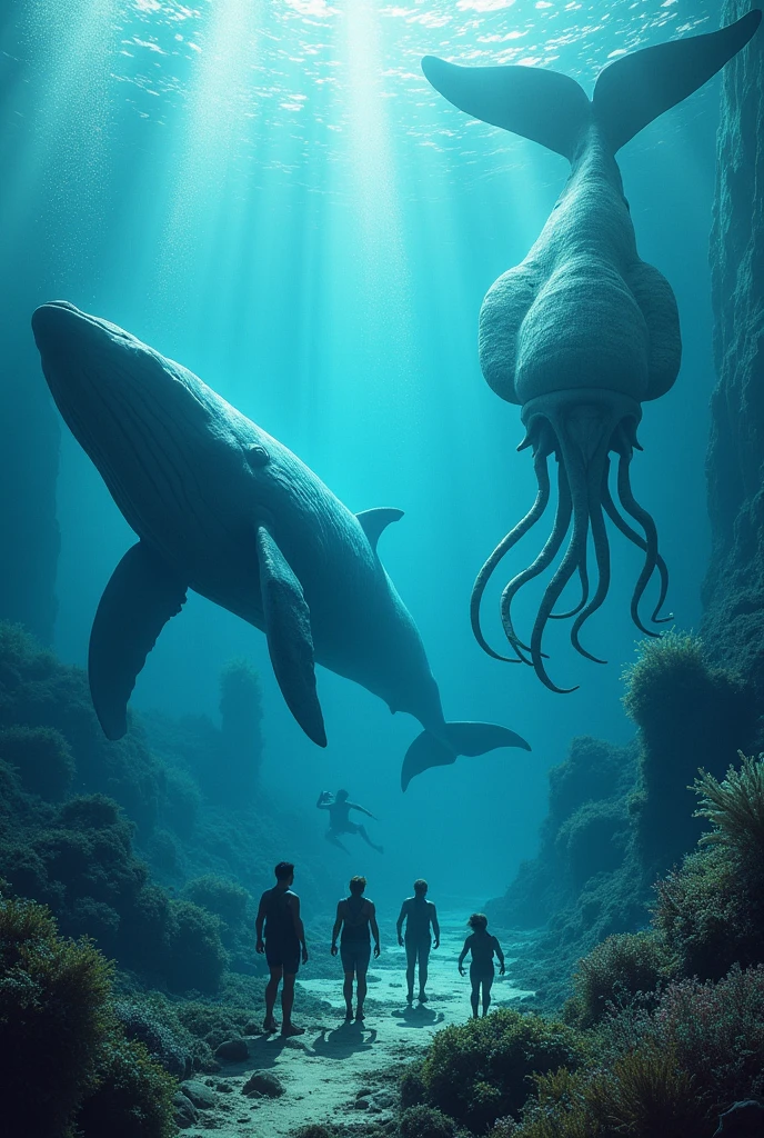 several people riding behind a blue whale,shadow form