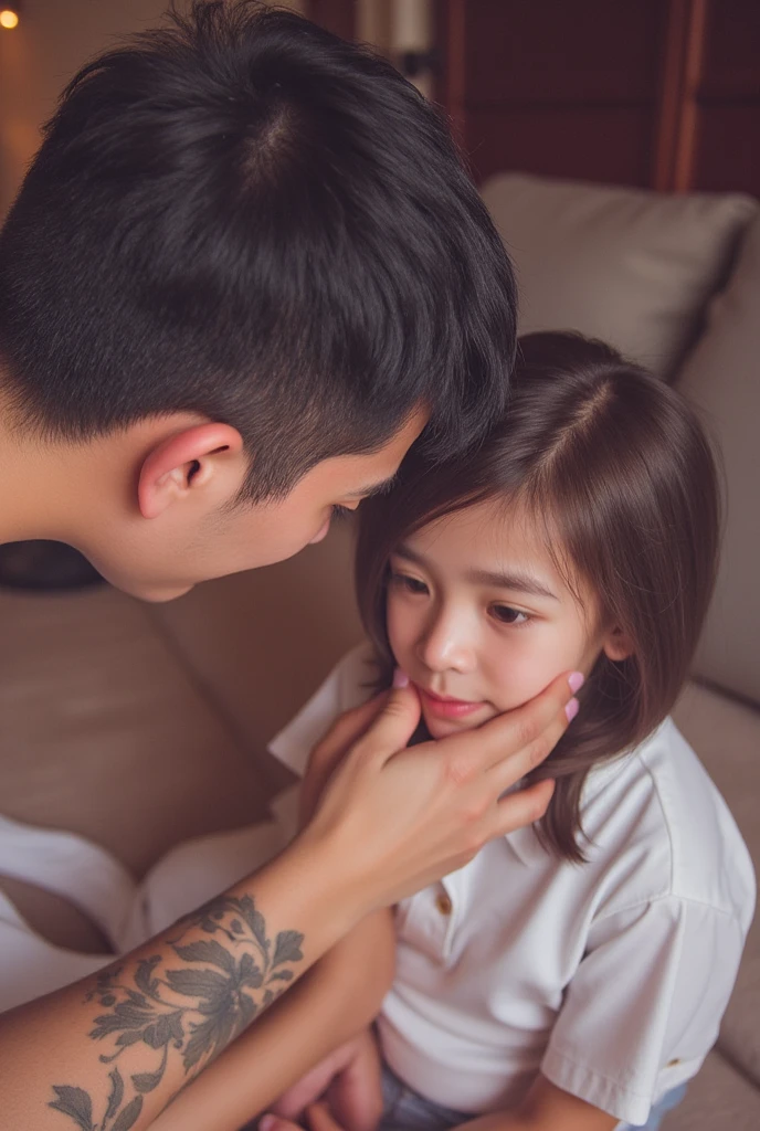 1girl  guiding 1boy's hands where she want to be touched in her body.